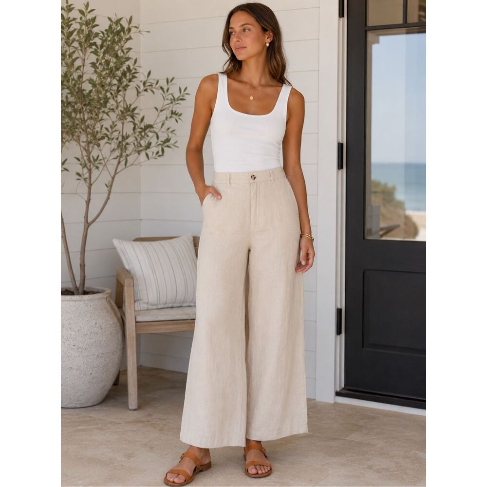 NWOT Le Jean Linen Jude trouser in sand, Sz 26 $249 B32